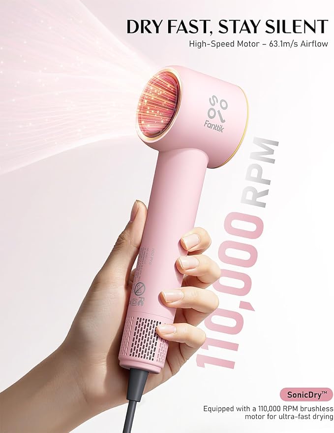 Fanttik Solo SonicDry H10 PRO 5X Faster Drying with 110,000 RPM Brushless Motor Hair Dryer, 56dB Low-Noise, 0.72lb Ultra-Light Blow Dryer, Ionic Tech for Travel, Home, Salon