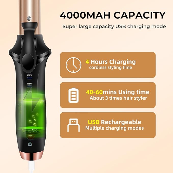 Cordless Rechargeable Curling Iron, USB Rechargeable 4000 mAh Cordless Hair Curler, 356°F Mini Travel Battery Powered Curling Iron,USB Charge Battery 2 in 1 Portable Hair Straightener and Curler