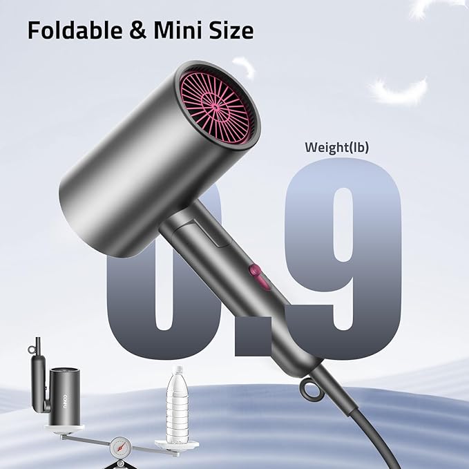 CONFU Diffuser Hair Dryer for Curly Hair,1500W Fast Drying Blow Dryer with Diffuser for Women,Compact & Portable Negative Ion Hairdryer Blowdryer,Lightweight and Foldable Design for Travel(Gray)