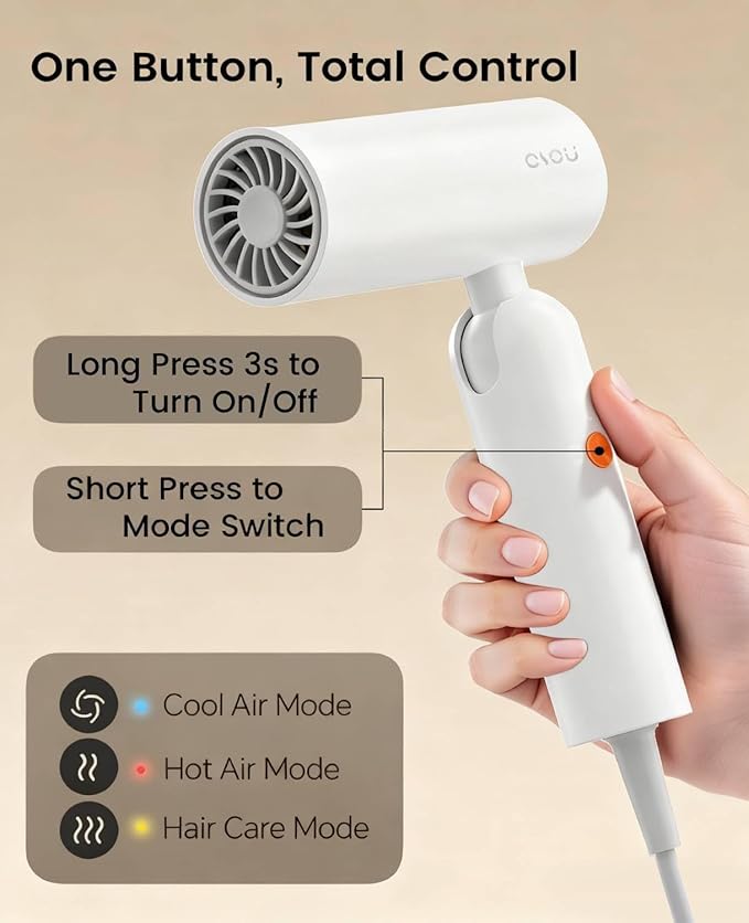 Travel Hair Dryer, Dual Voltage with Auto-Sensing, 1B Plasma Particles, 200times/s Temp Control, Portable Blow Dryer with Single-Sided Comb, White