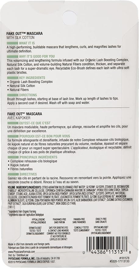 Physicians Formula Organic Wear Lash-Boosting All Natural Mascara, Lifts, Lengthens, For Sensitive Eyes, Dermatologist Tested - Natural Black