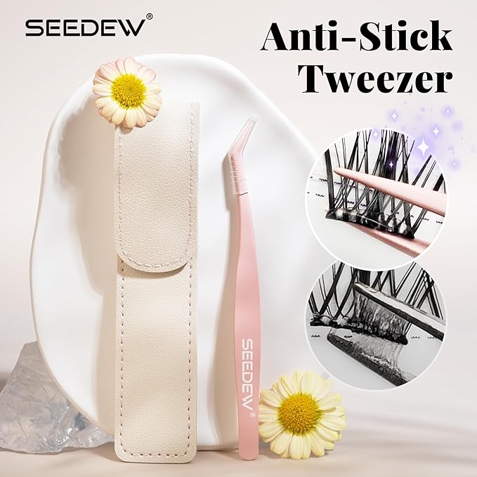 Tweezer P02 for DIY Lashes, Lash Application Tool, 1 PC Pointy Nano Coating Non-Stick Stainless Steel Curved Tweezer with a Protective Case, for Self-Adhesive/Pop-On Eyelash Extensions(Pink)