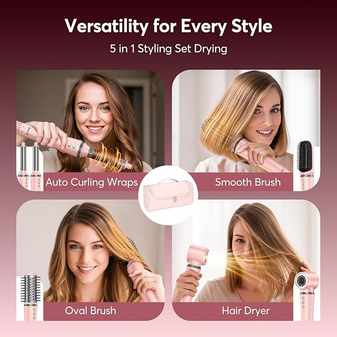 5 in 1 Air Wrap Hair Styler with Travel Bag- Professional Frizz-Free Auto Wrap Curler, High-Speed Hair Dryer, Straightening & Blow Dryer Brush for Multiple Styling, No Heat Damage, Gift for Women