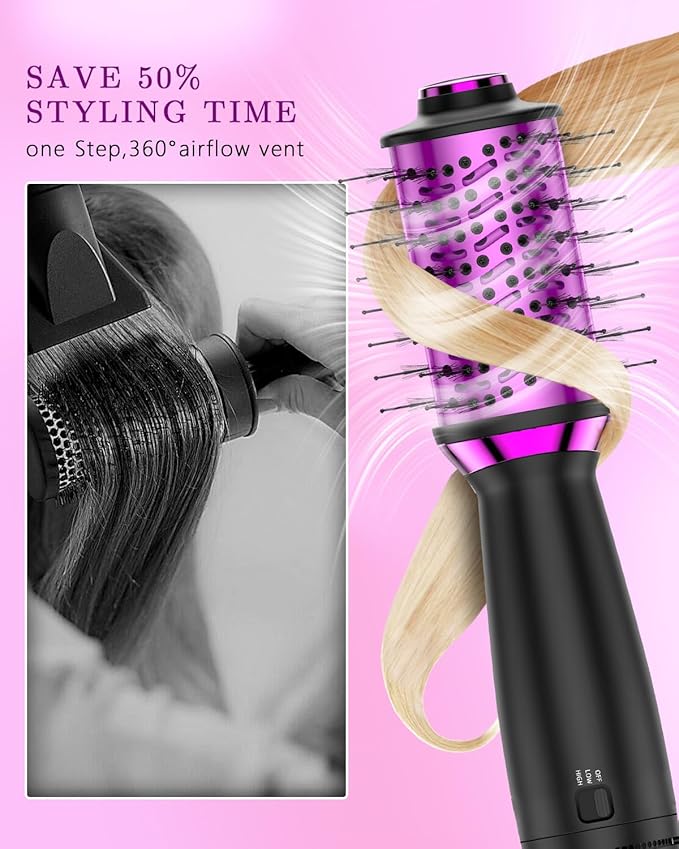DORISILK Small Dual Voltage Blow Dryer Brush for Travel,4 in 1 Blow Dryer Brush for Drying Straightening Curling Volumizing，Travel Hot Air Styler with European Plug，2 Inch Oval Barrel