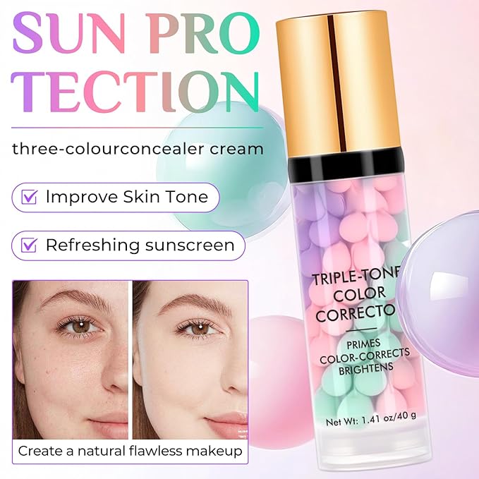 Primer for Face Before Makeup, 3 In 1 Face Primer Triple-Tone Color Corrector for Isolation, Smoothing Skin Gripping,Moisturizes-Sunscreen Cream SPF50+