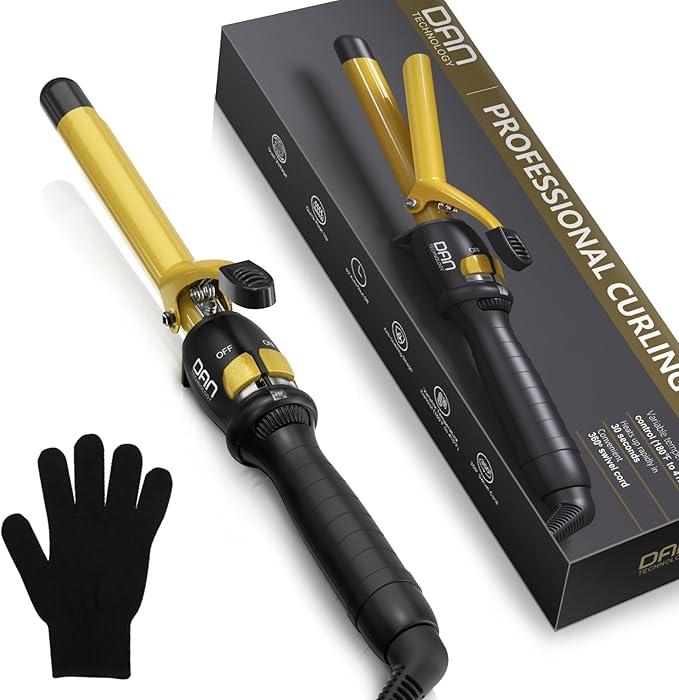 DAN Technology 3/4 Inch Curling Iron Wand for Classic Natural Curls, Tourmaline Ceramic Hair Curler with 180°F–430°F Adjustable Temperature, Fast Heating, Dual Voltage, Auto Shut-Off, Black & Gold