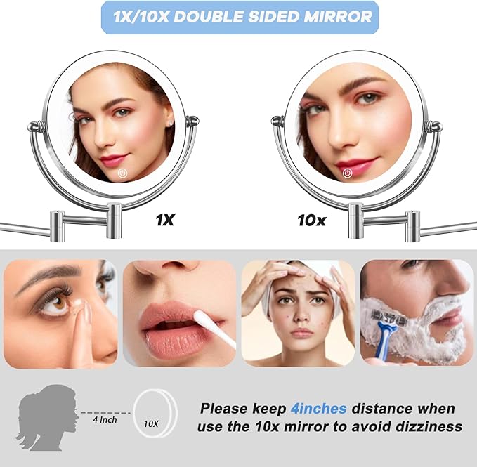 Hardwired Wall Mounted Makeup Mirror Magnifying, Double Sided 1/10X Magnifying Vanity Mirror with Lights 3 Color & Adjustable Brightness, 360 Swing Arm Shaving Mirror for Bathroom