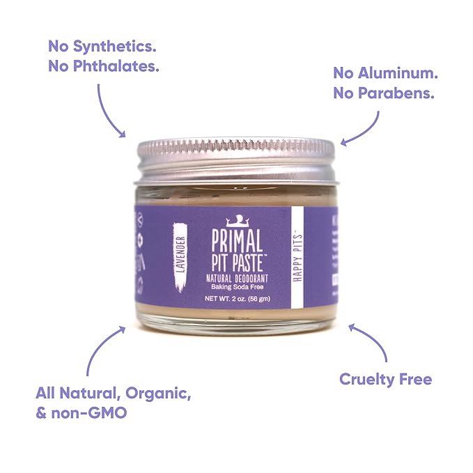 Primal Pit Paste Natural Aluminum-Free Deodorant, Baking Soda-Free, Lavender (1-Pack) | Sensitive Skin Friendly, Effective All-Day Odor Control for Women & Men, Organic Ingredients and Essential Oils