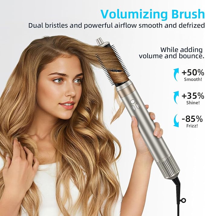 6-in-1 Hair Styler, Hair Dryer, Multi-Function Hot Air Brush Set, Ionic Blow Dryer with Interchangeable Attachments for Curling, Straightening (Champagne Gold)