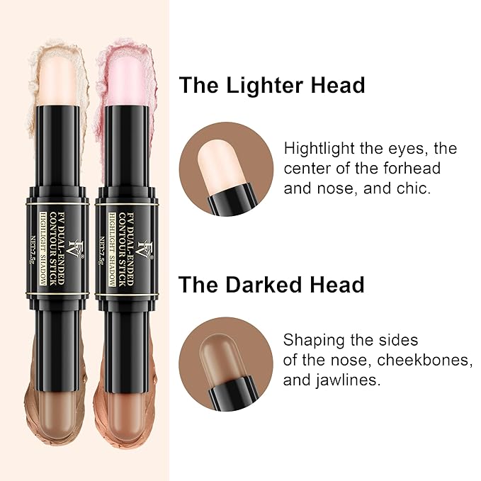 FV Dual-Ended Contour & Highlighter Stick - 2 Pack, Waterproof, Long-Lasting, Creamy & Blendable Formula, Natural Finish Sculpting Stick for Face & Body, Shades: 02 Light/Medium & 01 Medium