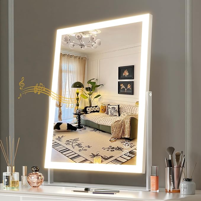 Hansong Vanity Mirror with Lights 11.8"x 16" Hollywood Makeup Mirror with Bluetooth Speaker 3 Colors Dimmable and 360° Rotation 10X Magnification Light Up Mirror for Desk