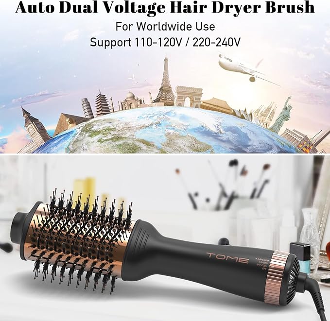 Tome Titanium Blow Dryer Brush, 3 Inch Dual Voltage Hair Dryer Brush in one, 2-in-1 Hot Air Brush for Salon, Faster Blowouts with Tons of Volume and Less Frizz