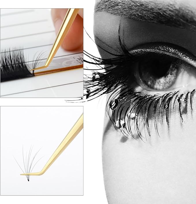 NAGARAKU Tweezers for Eyelash Extensions Gold Curved Angled Volume Cluster Super Light Weight Easy Fanning Tweezers Stainless Steel Precision (N-07)