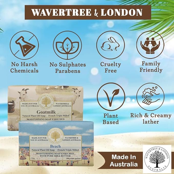 Wavertree & London Duo Gift Box (2 Bars) - 7oz Goats Milk and Beach Scented Moisturizing Triple Milled Natural Soap Bars - Pure Plant Oil Soap Bars for All Skin Types