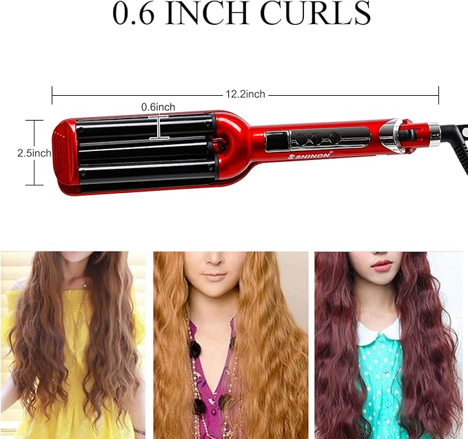 Mannice Ceramic Hair Iron, 3 Barrel Curling Iron 0.6 inch / 16mm Perm Instant Curls, Hair Crimper and Wavers, Red (8 inches), Ideal Gift for Valentine's Day or Mother's Day