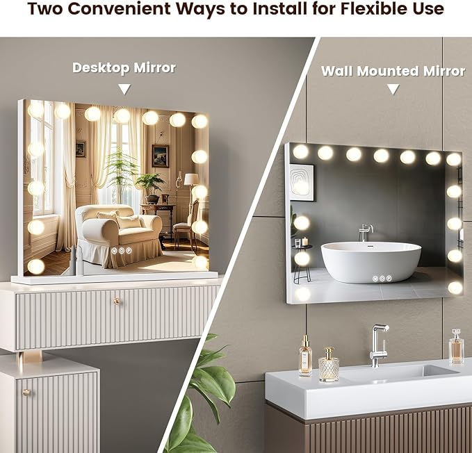 VESAUR Large Vanity Mirror with Lights, Hollywood Makeup Mirror with 15 Dimmable Bulbs 3 Light Colors, Detachable 1X/10X/15X Magnification, USB/Type-C Dual Power, Tabletop &Wall Mount, Senior Aluminum