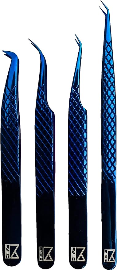 M LASH Tweezers for Eyelash Extensions (Set of 4) - Professional Lash Extension Tweezers - Fiber Tip, Japanese Steel, Diamond Grip Eyelash Extension Tweezer (Blue)