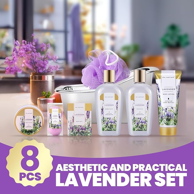 spa luxetique Spa Gifts for Women, Bath Baskets for Women, 8 Pcs Lavender Bath Sets with Bubble Bath, Lotion, Birthday Sets, Mothers Day Gifts for Mom, Christmas Gifts for Her