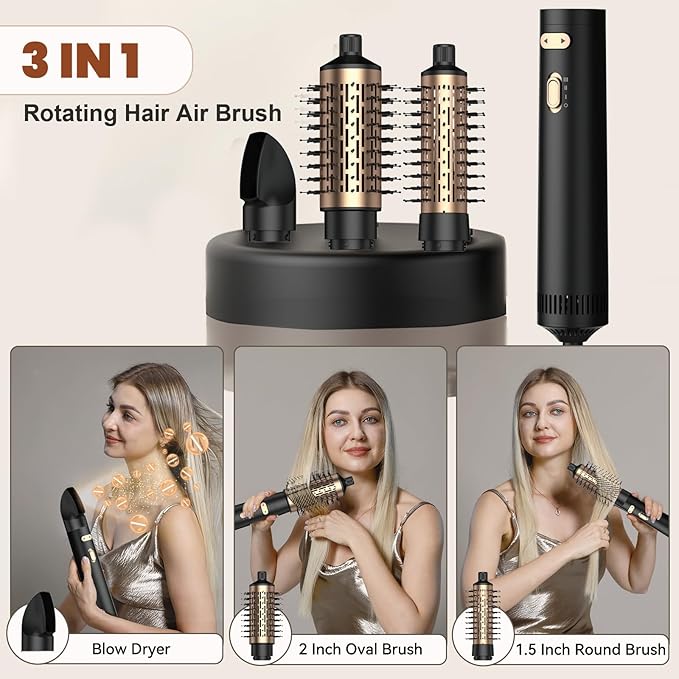 3 in 1 Rotating Hair Dryer Brush,Negative Ionic Professional Brush Blow Dryer with Detachable Brush(2" & 1.5"),3 Heats and 2 Speeds Rotating Hot Air Brush for Curling,Straight,Drying