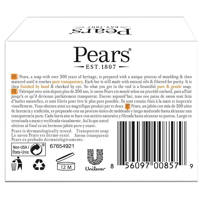 Pears Soap, Pure & Gentle with Natural Oils, 24-Pack – Transparent Amber Glycerin Soap for Pampered, Glowing Skin, 4.4 Oz Ea