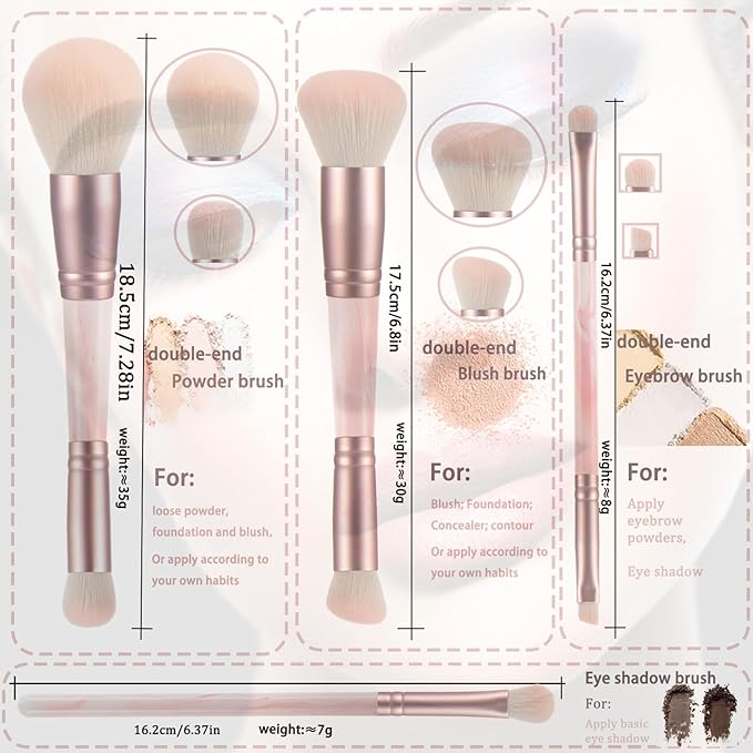 4PCS Pink Dual-Ended Makeup Brushes Set, Soft Synthetic Fiber Foundation Concealer Blending Eyeshadow Kabuki Brush, Travel-Friendly with Pouch, Vegan & Cruelty-Free