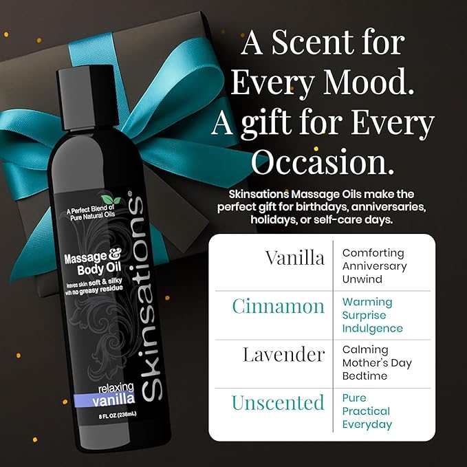 Sweet Vanilla Body & Massage Oil by Skinsations – Lightweight, Non-Greasy Body Oil for Relaxing Home Massage & Moisturized Skin – 8oz