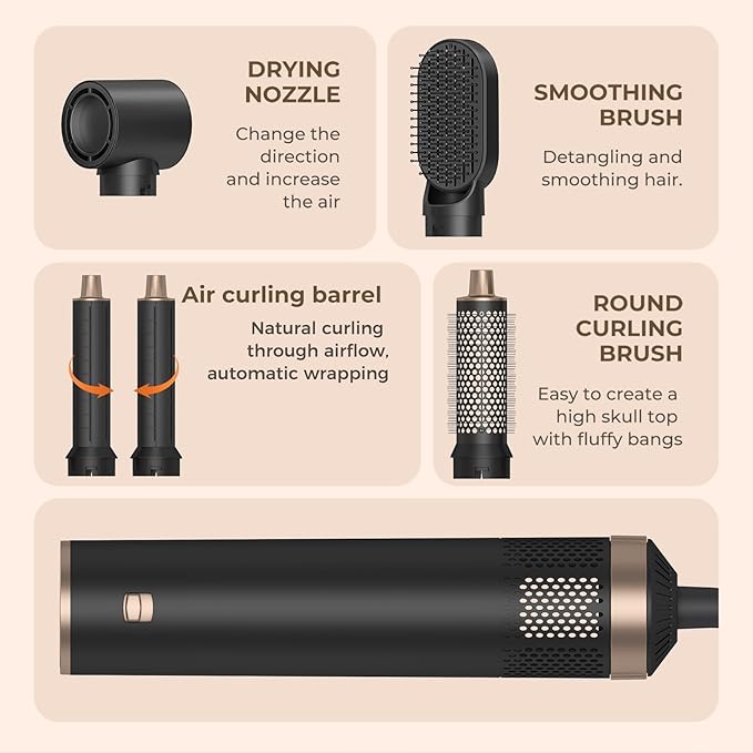 5 in 1 Hair Dryer Brush Hot Air Curling Brush Negative Ion Air Styler，Multi Function Blow Dryer Brush with Curling Wand, Straightening Brush, and Volumizing Hot Air Brush for All Hair Types（Black）