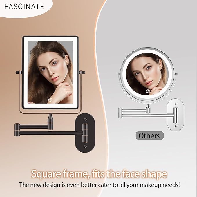 FASCINATE 5000mAh Rechargeable Wall Mounted Makeup Mirror, 8.7" Double Sided Touch Switch 1X 30X Rectangle Wall Mounted Magnifying Mirror with Light, 3 Color Setting, Extended Arm 360° Foldable Bronze