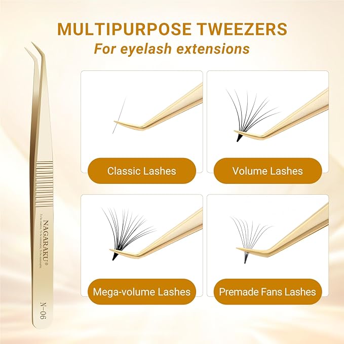 NAGARAKU Gold Tweezers for Eyelash Extensions Curved Angled Volume Cluster Super Light Weight Easy Fanning Tweezers Stainless Steel Precision (N-06)
