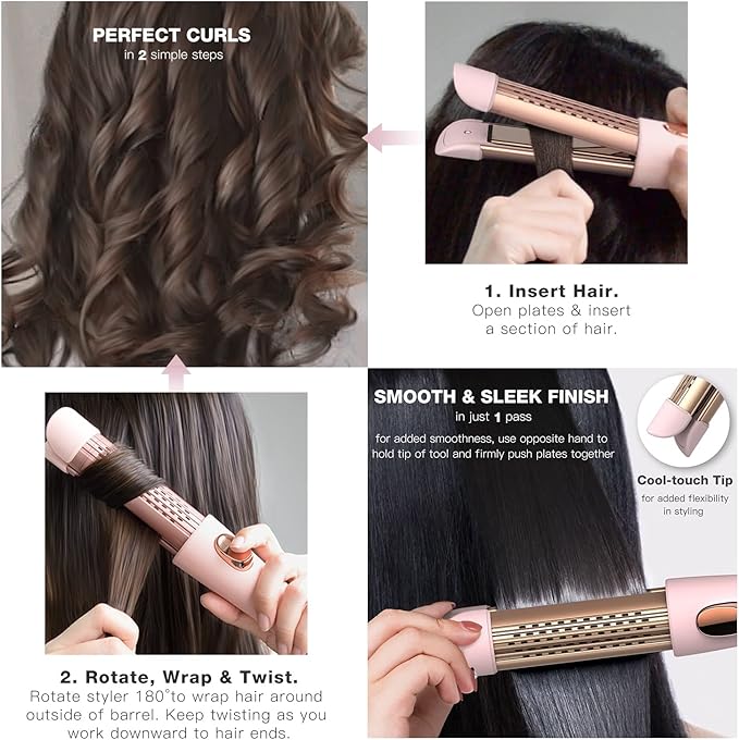 MIRACOMB Cool Air Curler Titanium Curling Wand 2 in 1 Hair Flat Iron 1” Styler for Loose Curls and Straight Styles, Max 430F, Auto Off, Dual Voltage (Pink)