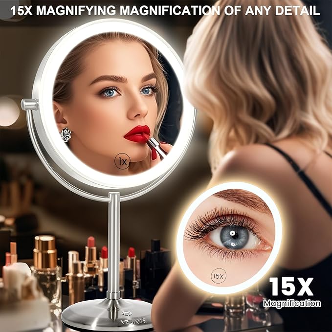 VESAUR 1X15X HD Lighted Makeup Mirror, 9" Large 5000mAh Rechargeable Double Sided Magnifying Mirror with 3 Touch Dimmable Light, 360°Rotation Detachable for Travel Vanity Mirror, Pearl Nickel, Gifts