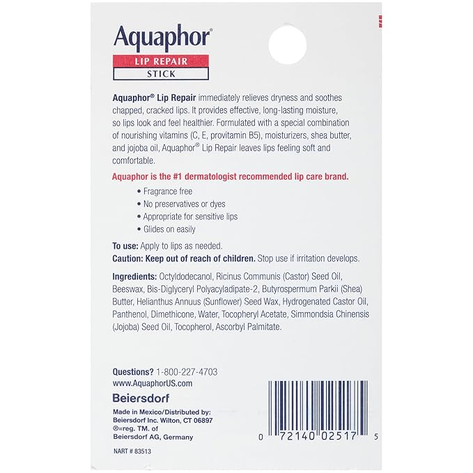 Aquaphor Lip Balm Set with Jojoba Oil and Shea Butter, Lip Repair Stick (2 x 0.17 Oz) + Repair Stick with Sunscreen SPF 30 (2 x 0.17 Oz), Fragrance Free, Paraben Free, Immediately Relieves Dryness