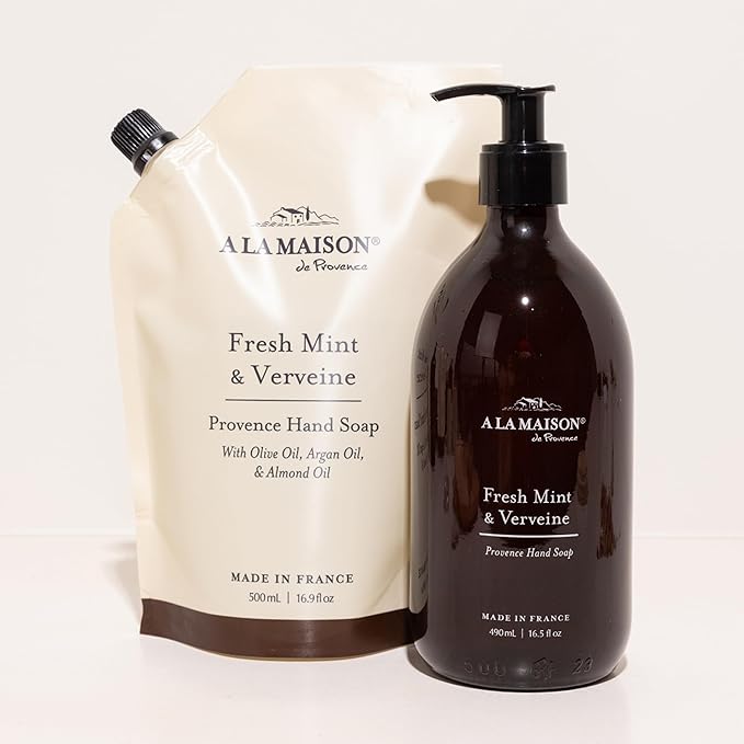 A LA MAISON Hand Soap Refill Pouch – Fresh Mint & Verveine – Liquid Hand Wash Refill, Eco-Friendly & Recyclable – Plant-Based, Biodegradable, Made in France – 16.9 fl oz – Amber Collection