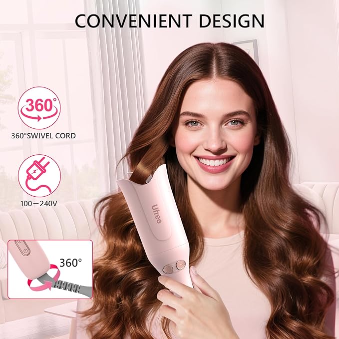 Ufree Automatic Curling Iron - 1-Click Rotating Hair Curler with 3 Temp & Timers, 360° Anti-Scald Design, 1M Ionic Hair Care, Dual Voltage Auto Hair Curler for Beach Waves, Pink