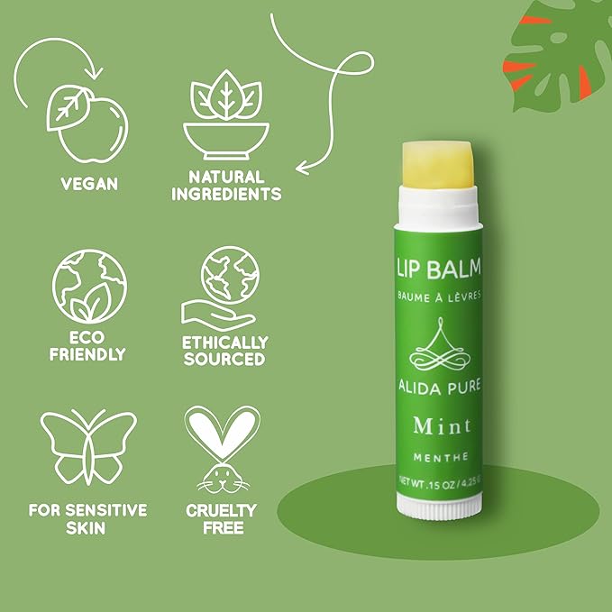 ALIDA PURE Mint Lip Balm Collection, Vegan Set, Beeswax Free, with Organic Jojoba and Avocado Oil, Vitamin E, Natural Moisturizer for Dry, Chapped Lips, 5 Tube Set
