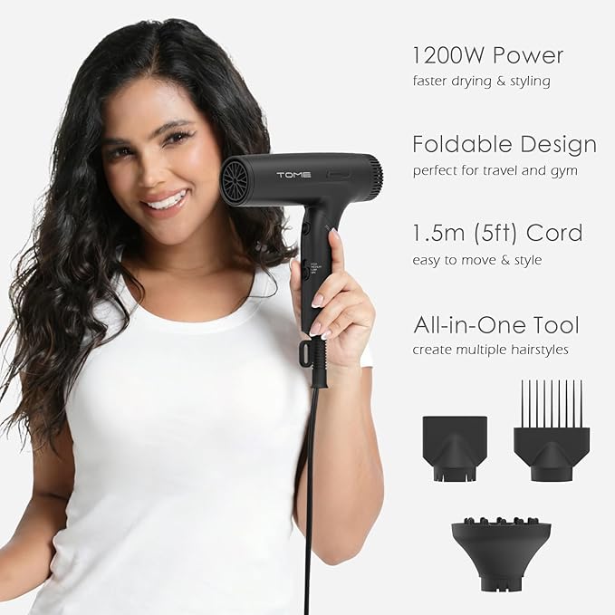 TOME 1200W Hair Dryer Travel Dual Voltage 120V/240V Foldable Blow Dryer with Diffuser Comb Nozzle Storage Bag Universal Power Adapter (Black)