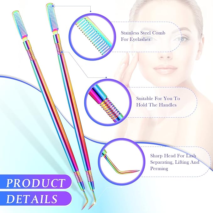 Chumia 2 Pieces 2 in 1 Lash Lift Tool Eyelash Separator Tool with Comb Stainless Steel Metal Lash Perm Lift Rods for Eyelash Eyebrow Comb Perming Tinting Curling Extension Supplies(Multi Color)