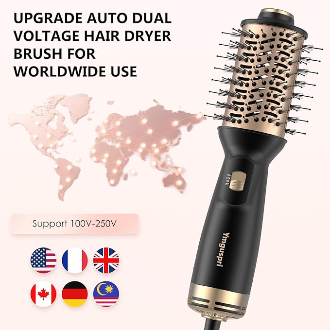 4-in-1 Dual Voltage Hair Dryer Brush, Mini Auto Blow Dryer Brush for European Travel(100-250V), 2 Inch Hot Air One Step Hair Dryer and Styler for Volumizer/Straightener/Curler with EU&UK Plug