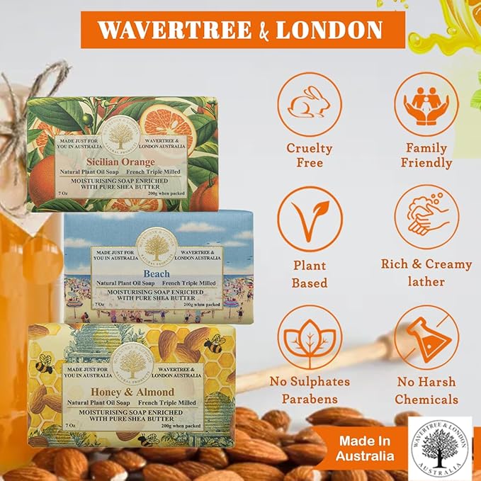 Wavertree & London Trio Gift Box (3 Bars) - 7oz Honey & Almond, Beach and Sicilian Orange Scented Moisturizing Triple Milled Natural Soap Bars - Pure Plant Oil Soap Bars for All Skin Types