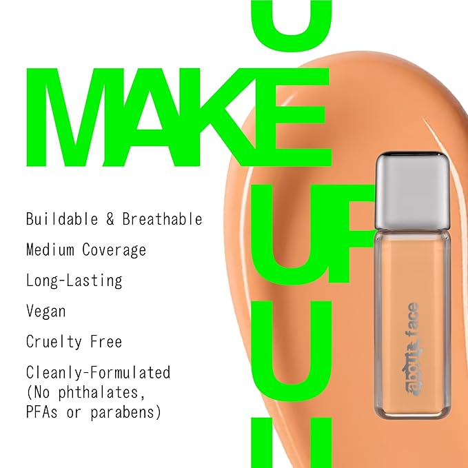 about-face THE PERFORMER Skin-Focused Foundation M1Peach – Medium Coverage, Long-Wear, Breathable & Buildable Base – Clean, Vegan, Hydrating Formula with Blue Agave & Chlorella – 1.08oz
