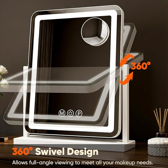 Antok Vanity Mirror with Lights, 22"X19" Lighted Makeup Mirror, Smart Touch, 3 Color Modes and Brightness Adjustable, LED Vanity Mirror with Detachable 10X Magnification, 360° Rotation for Makeup Desk