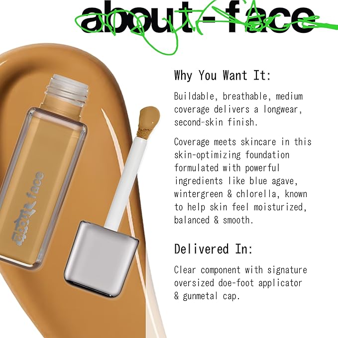 about-face THE PERFORMER Skin-Focused Foundation MD1Olive – Medium Coverage, Long-Wear, Breathable & Buildable Base – Clean, Vegan, Hydrating Formula with Blue Agave & Chlorella – 1.08oz