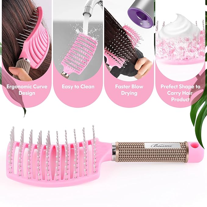Hair Brush Set, Curved Vented Detangling Hair Brushes for Women Men Kids, Professional Vent Styling Brush for Wet Dry Curly Thick Straight Hair Fast Blow Drying Brush (Pink+ White)