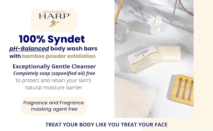 HARP® Exfoliating Body Wash Bar – pH Balanced Syndet Cleanser with Bamboo Powder, Fragrance Free, Soap-Free & No Lye, Non-Comedogenic, Gentle Exfoliation for Smooth Skin, 3-5oz Bars.