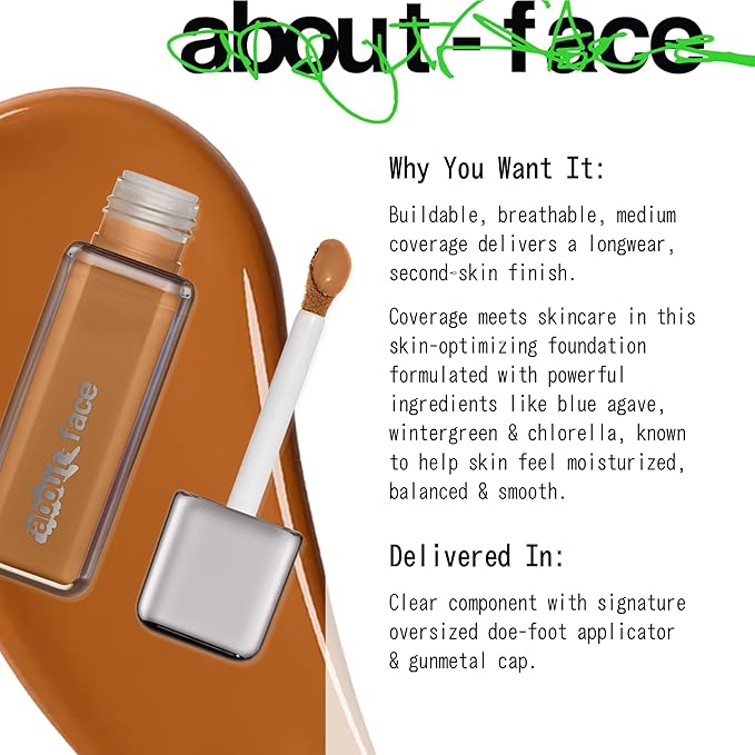 about-face THE PERFORMER Skin-Focused Foundation MD3Warm– Medium Coverage, Long-Wear, Breathable & Buildable Base – Clean, Vegan, Hydrating Formula with Blue Agave & Chlorella – 1.08oz
