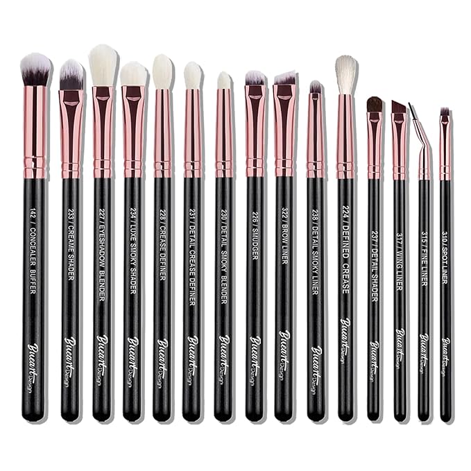 Bueart Design 15Pcs Professional grade Eye Makeup Brushes Set with Real Natural Goat Pony hair,Premium Soft Synthetic Eye shadow brush kit for Eyeshadow Concealer Crease blending Eyebrow, Eyeliner