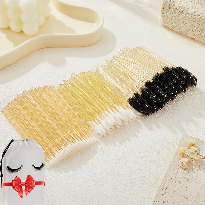 300PCS Eyelash Extension Supplies Kit, Disposable Micro Swab Brushes Eyebrow Spoolies Lip Brushes Mascara Wands Makeup Applicator Tools(Gold)