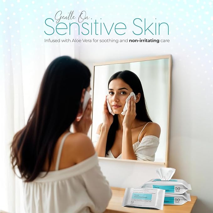 Facial Cleansing Wipes. 3 Pk. Pack of 50 each. (Facial Cleansing Wipes for Women | Gentle Makeup Remover. 150 wipes