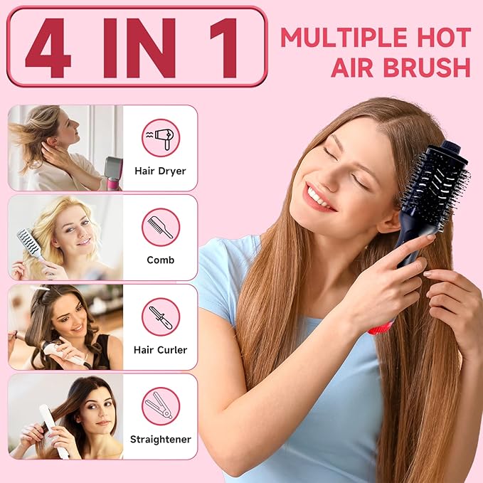 4-in-1 Hair Dryer Brush - Brush Blow Dryer Hot Air Styler for Frizz-Free Blowouts, Salon Volumizer & Straightener with ALCI Safety Plug, 3 Heat Settings(KD312)