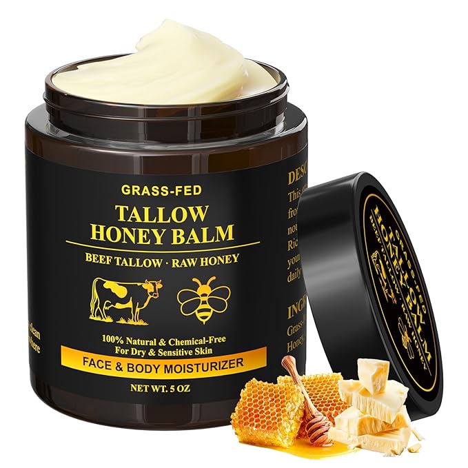Beef Tallow for Skin, Tallow and Honey Balm, Organic Grass-Fed Whipped Beef Tallow Cream, Deep Moisturizing Facial & Body Balm, 100% Natural Face Moisturizer for All Skin Types (5oz)